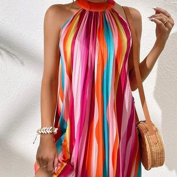 Multicolor Colorblock Print Halter Neck Mini Dress - Picture 5 of 5